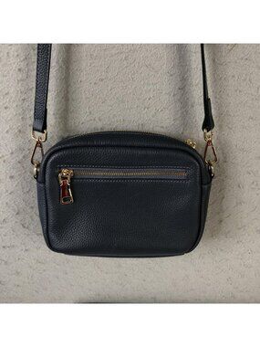 Pom Pom London Crossbody Bag Womens Small Navy Pebbled Leather Zip Gold Hardware